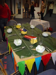 International Day Table with Banana Leaves for Table Cloth