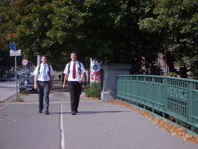 Elder Gromm and Elder Poulsen on the Wartenau Bridge
