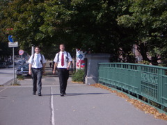 Elder Gromm and Elder Poulsen on the Wartenau Bridge
